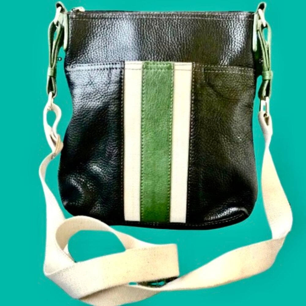 Alfani Vintage Leather Crossbody Bag Black Pebbled Messenger Striped Slim Retro